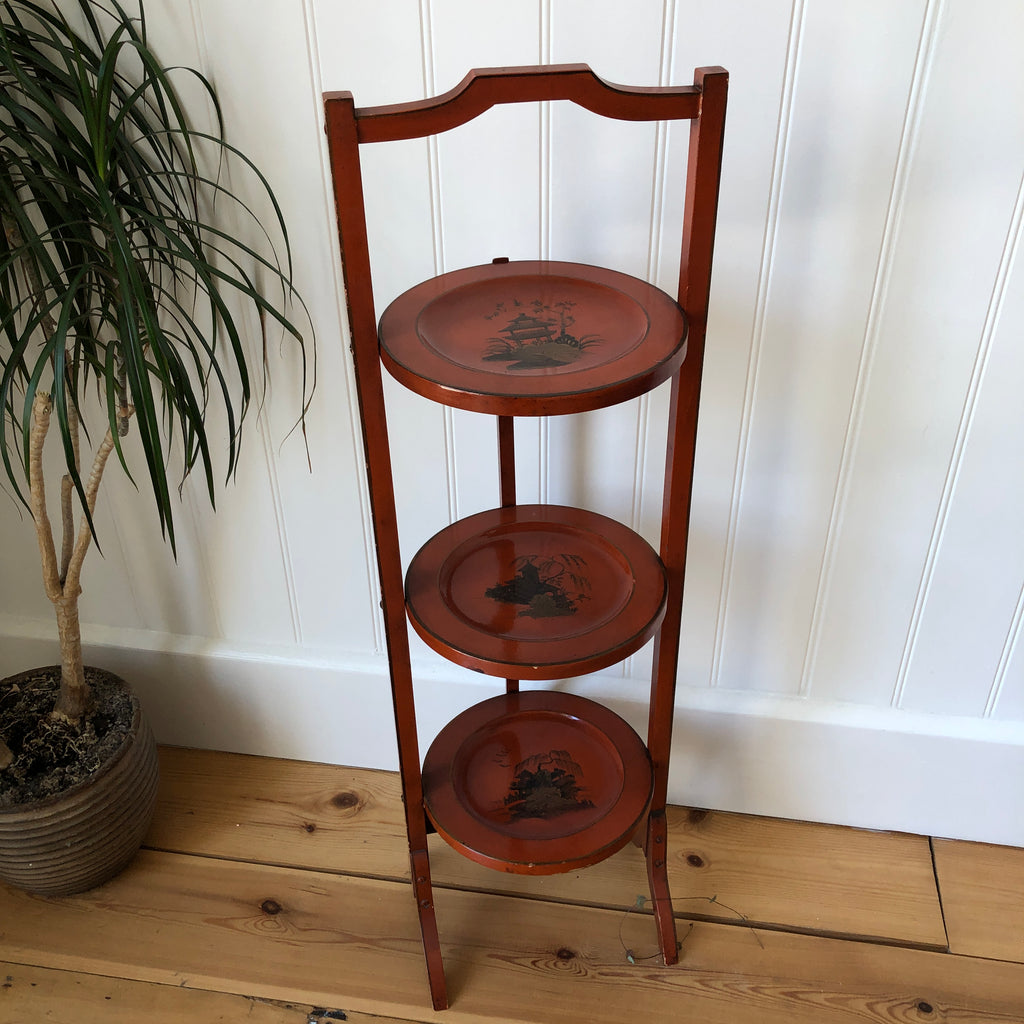 Antique Lacquered Folding Cake Stand or Corner Side Table