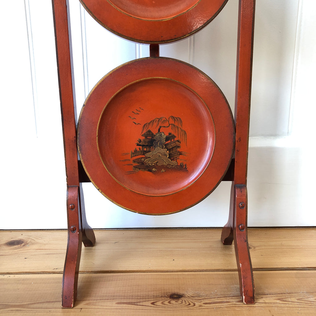 Antique Lacquered Folding Cake Stand or Corner Side Table