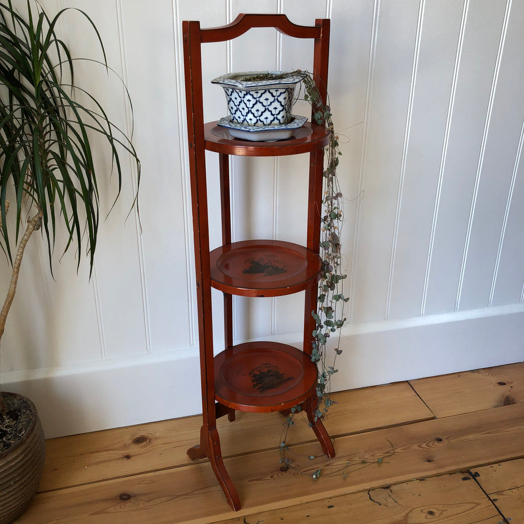 Antique Lacquered Folding Cake Stand or Corner Side Table