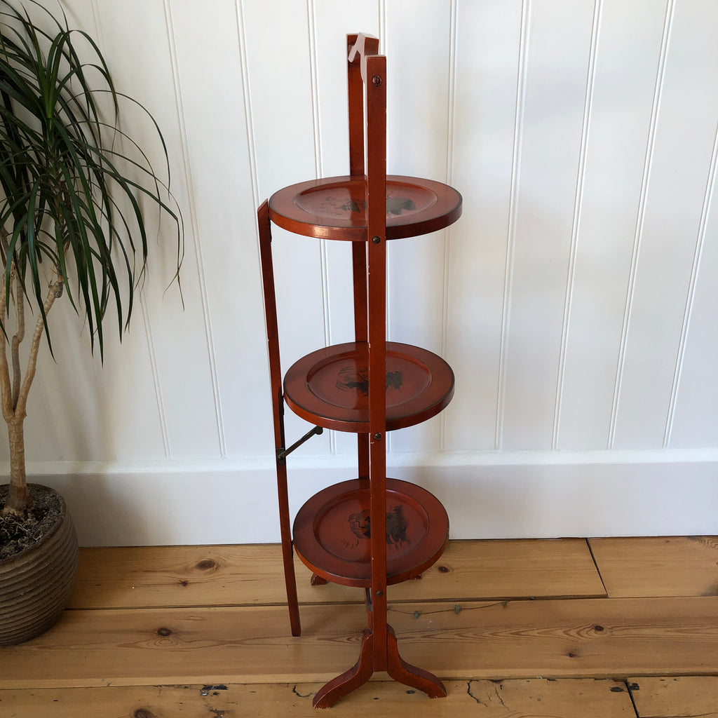 Antique Lacquered Folding Cake Stand or Corner Side Table