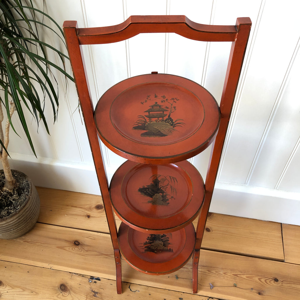 Antique Lacquered Folding Cake Stand or Corner Side Table