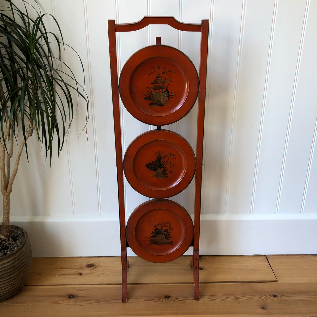 Antique Lacquered Folding Cake Stand or Corner Side Table