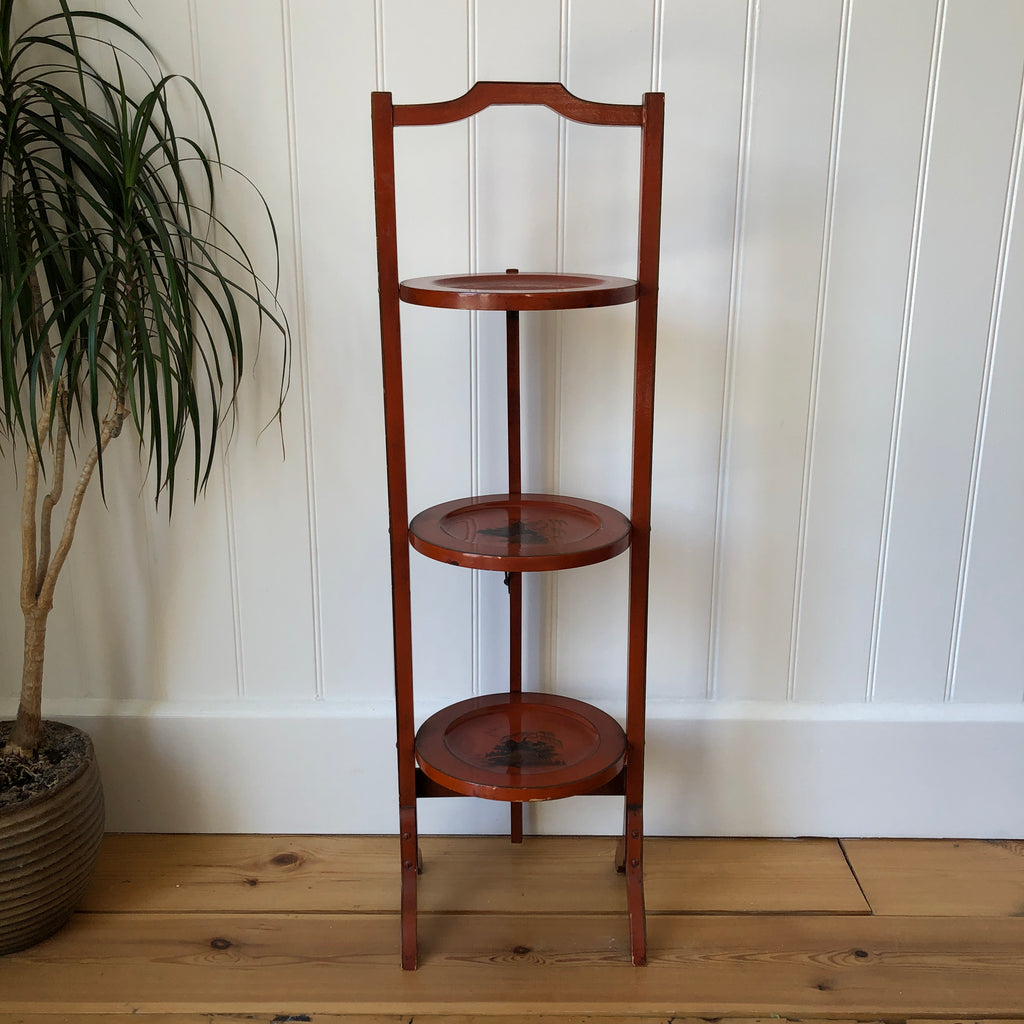 Antique Lacquered Folding Cake Stand or Corner Side Table